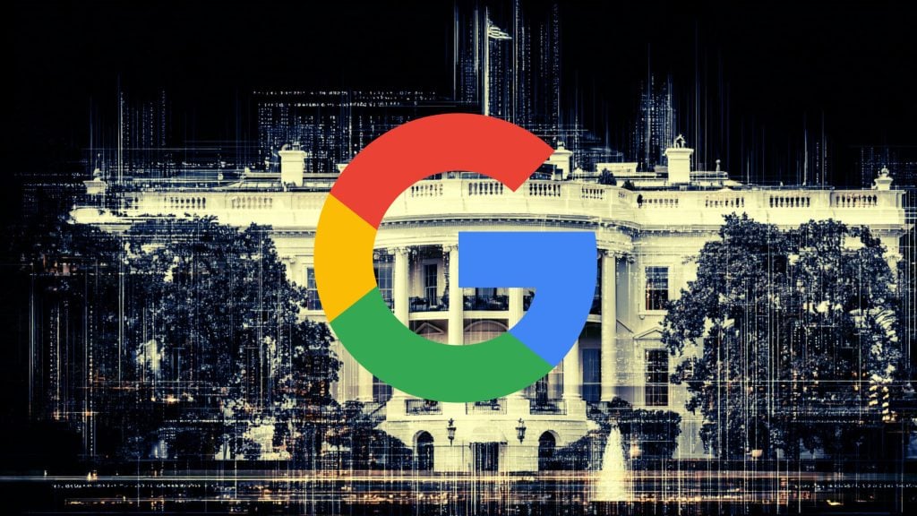 A large multicolored Google "G" centered over a stylized, high-contrast image of the White House with a dark background, vertical digital glitch lines and illuminated trees and fountain in the foreground.