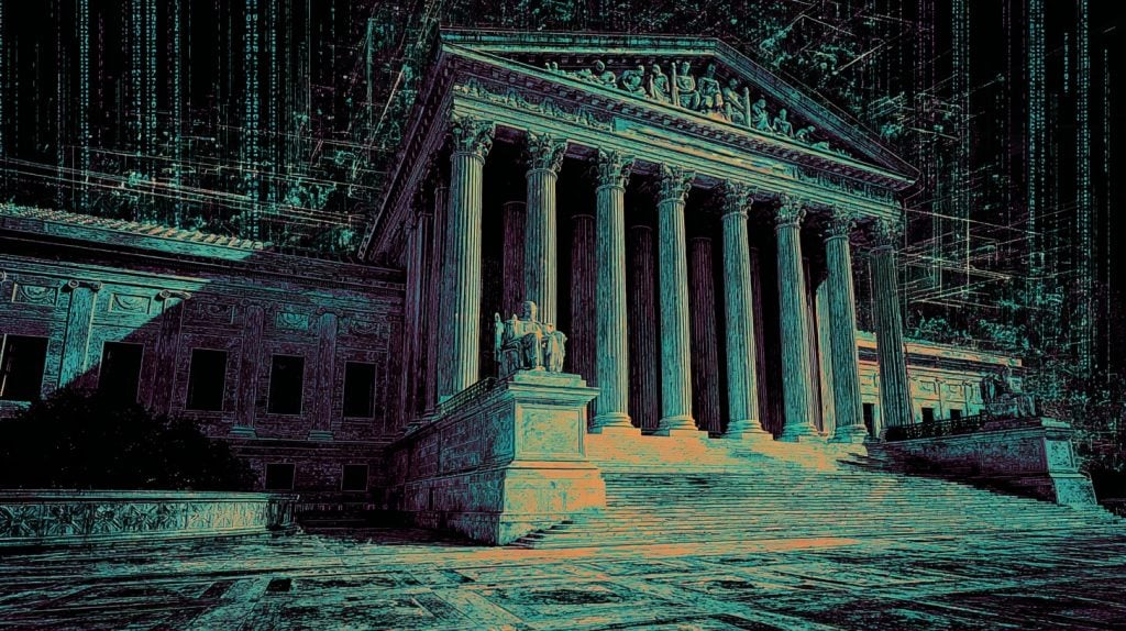Supreme Court with tall Corinthian columns and wide steps leading to a pedimented portico, rendered in neon teal and purple with stylized digital 'matrix' lines in the background.