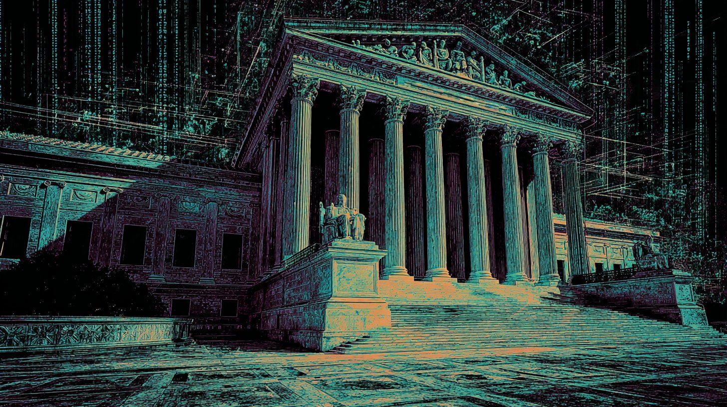 Supreme Court with tall Corinthian columns and wide steps leading to a pedimented portico, rendered in neon teal and purple with stylized digital 'matrix' lines in the background.