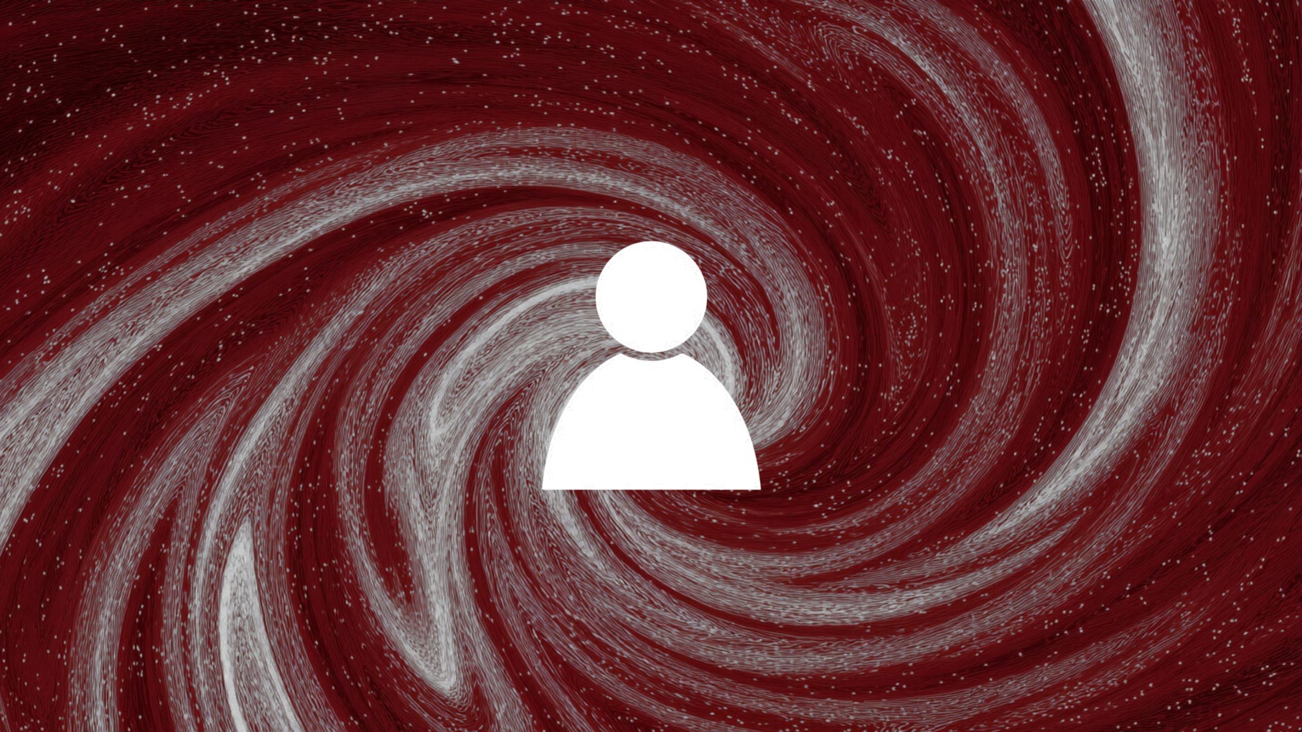 Centered white user silhouette on a swirling maroon and light-gray spiral background with small star-like speckles, evoking a galaxy or vortex.