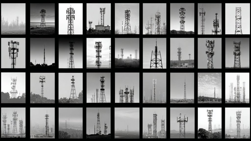 Black-and-white contact-sheet style grid of square photos showing dozens of telecommunication towers and antenna masts—lattice and monopole structures with antennas and dishes silhouetted against skies and low landscapes.
