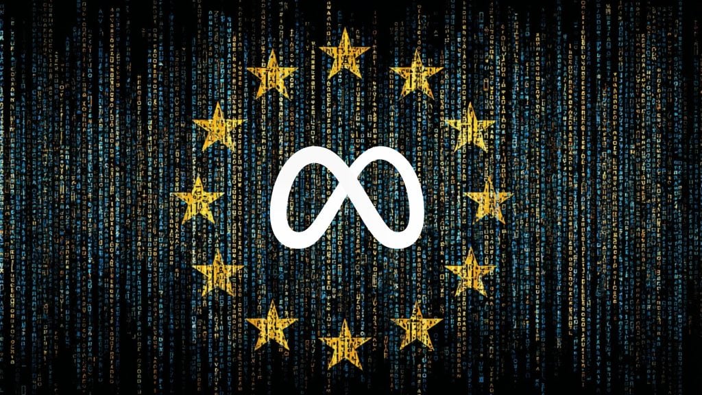 White Meta infinity logo centered inside a circle of twelve yellow European Union stars over a black background filled with vertical blue and gold code-like characters.