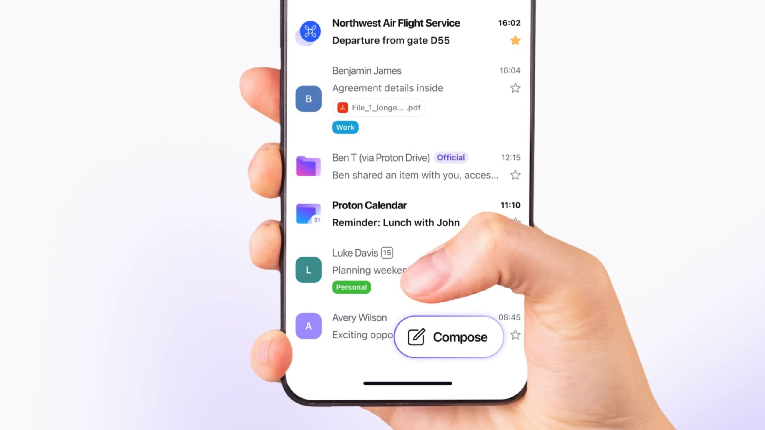 Hand holding a smartphone displaying an email inbox with messages and calendar notifications (including entries from Benjamin James, Ben T, Luke Davis and Avery Wilson) and a prominent rounded “Compose” button near the thumb.