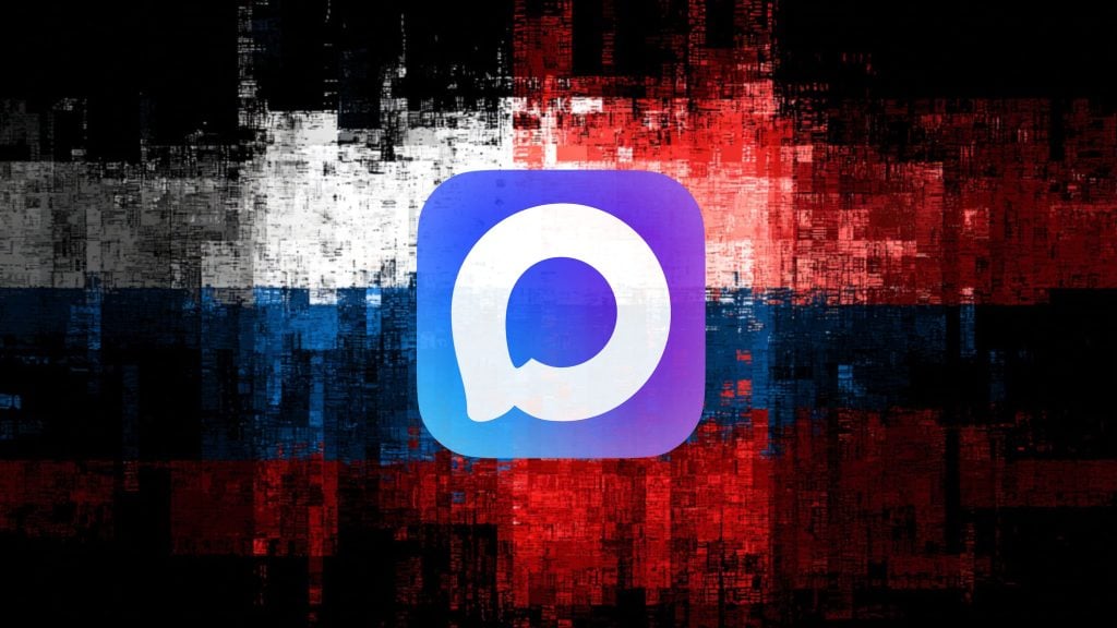 Centered rounded-square purple-to-blue app icon with a white circular chat-bubble symbol on a textured, pixelated background of horizontal white, blue and red bands over dark black areas.