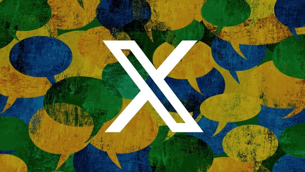 White stylized X logo centered over a textured collage of overlapping green, blue, and yellow speech bubbles.