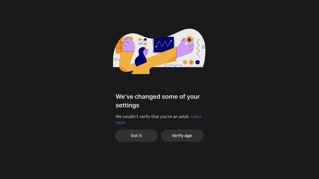Dark mobile dialog with a colorful abstract illustration and text reading "We've changed some of your settings — We couldn't verify that you're an adult" and two buttons labeled "Got it" and "Verify age".