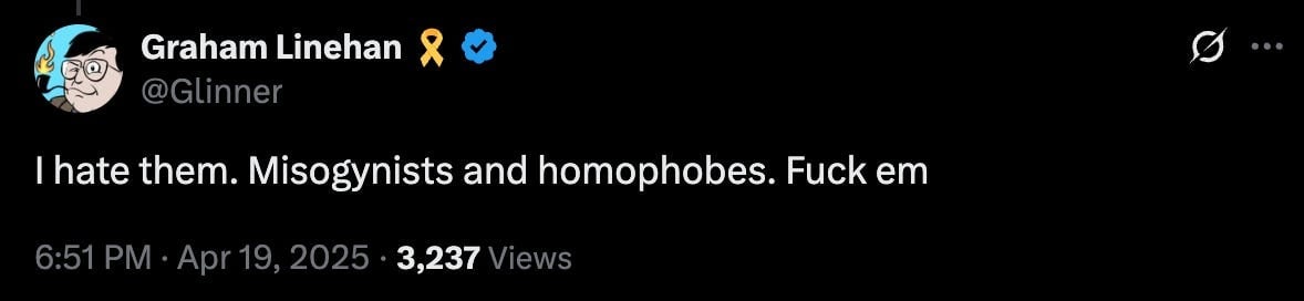 Screenshot of a social media post that reads: “I hate them. Misogynists and homophobes. Fuck em.” Timestamp shows 6:51 PM · Apr 19, 2025 and 3,237 views.