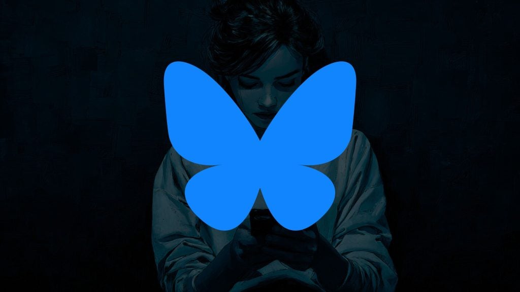 A large solid blue butterfly-shaped graphic centered over a dark, moody painting of a person in a loose shirt looking down at a glowing phone against a textured black background.