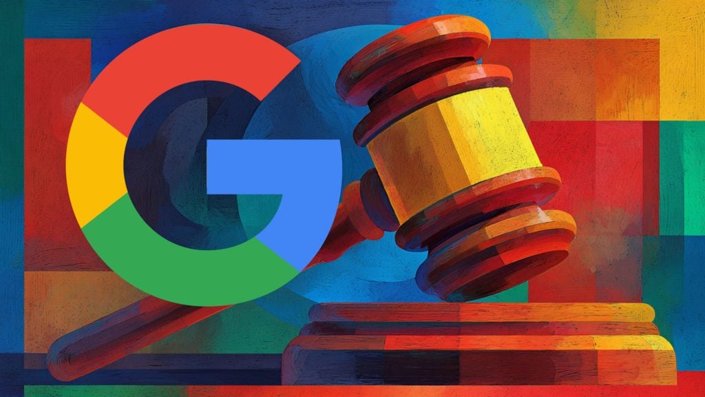 Bright, painterly illustration of a large multicolored Google 'G' overlapping a wooden judge's gavel poised above its sound block against a textured patchwork background of red, blue, green and yellow.