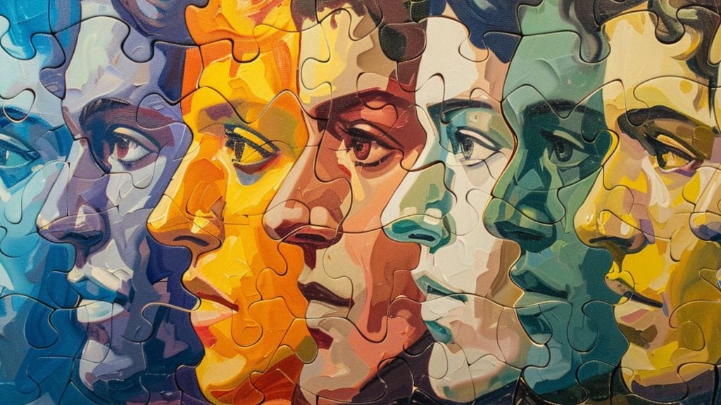 Row of overlapping stylized human profiles painted in vivid blues, yellows, greens and oranges with visible jigsaw-puzzle piece outlines forming a mosaic-like portrait.
