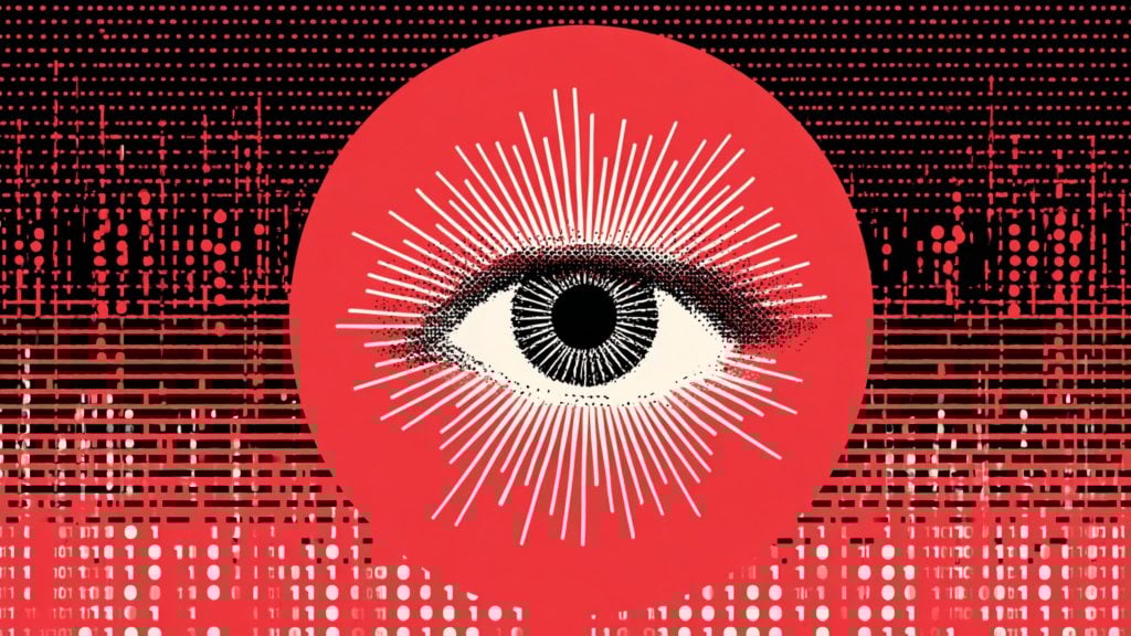 A stylized black-and-white eye with a textured iris and radiating white rays centered inside a large red circle, set against a black-and-red digital halftone and barcode-like background.