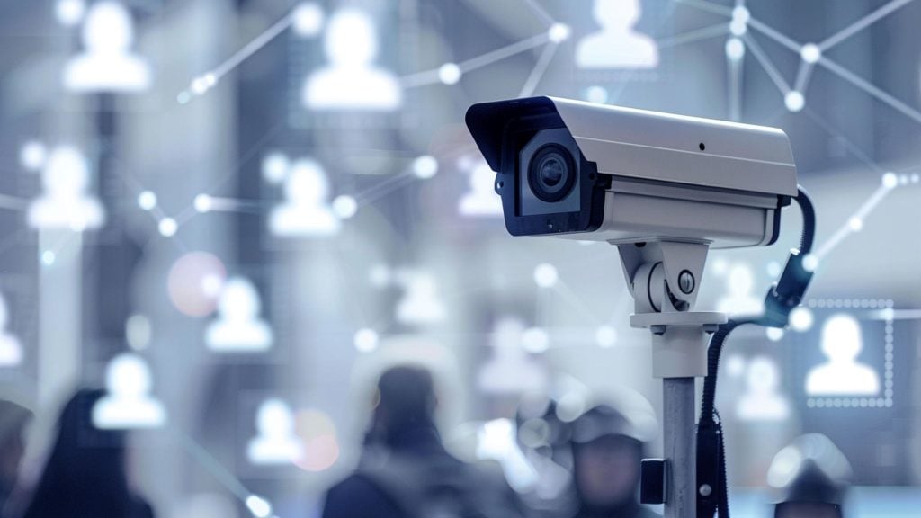Close-up of a mounted surveillance camera in sharp focus with a blurred crowd behind and translucent networked user-profile icons overlaid across the background.