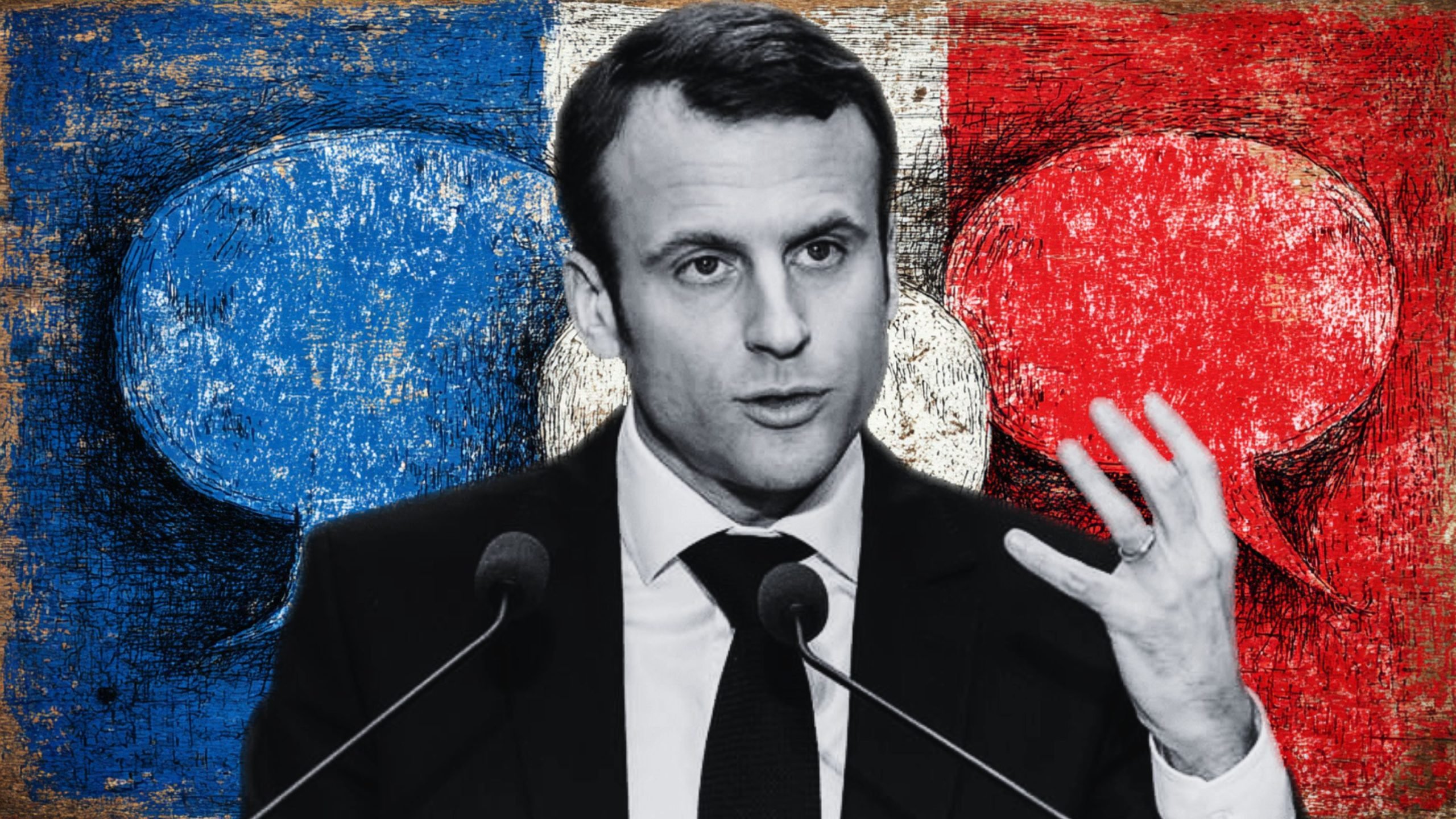 Grayscale portrait of Macron speaking at a podium with two microphones and gesturing with his right hand, set against a textured blue-white-red background that features large distressed speech-bubble shapes.