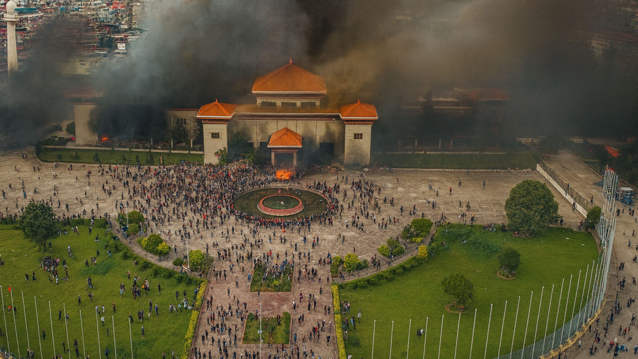 Aerial view of the parliament building with orange-tiled roofs shrouded in thick black smoke while a crowd gathers in the plaza and a fire burns near the main entrance, with green lawns, paths and rows of flagpoles in the foreground.