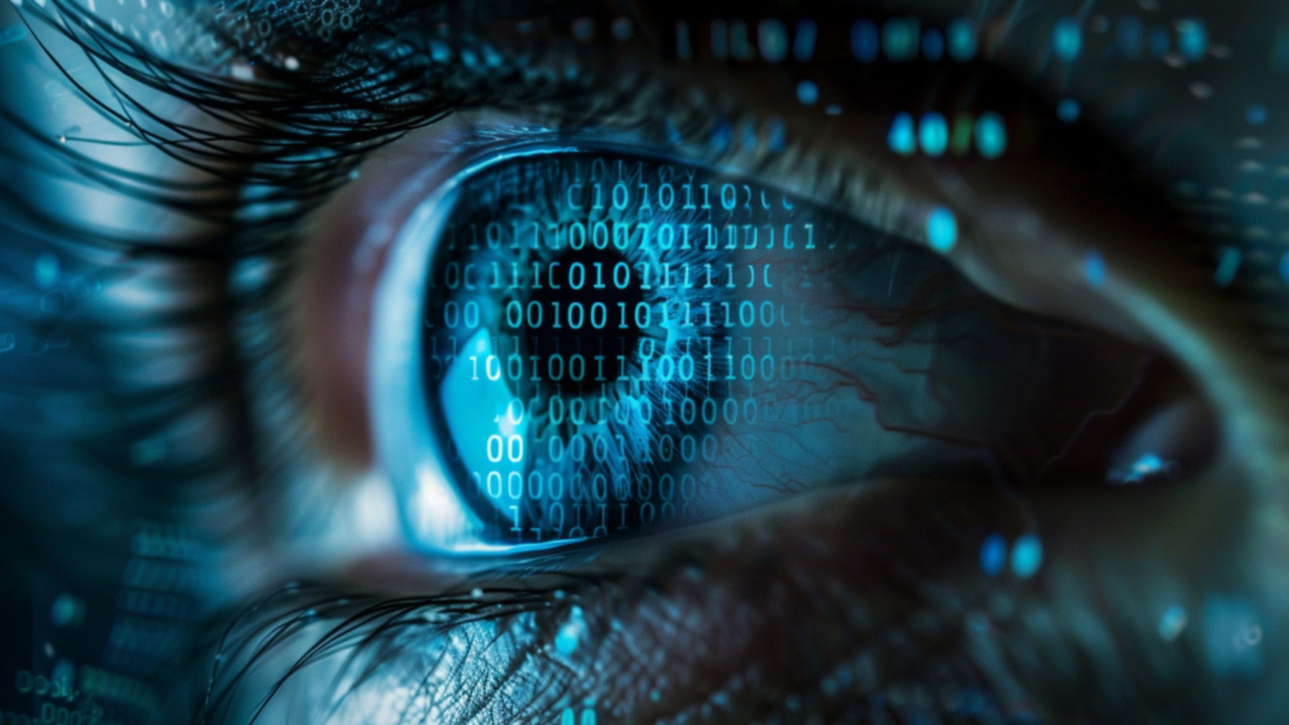 Close-up of a human eye in blue light reflecting streams of binary code across the iris and cornea, with visible eyelashes and skin texture.