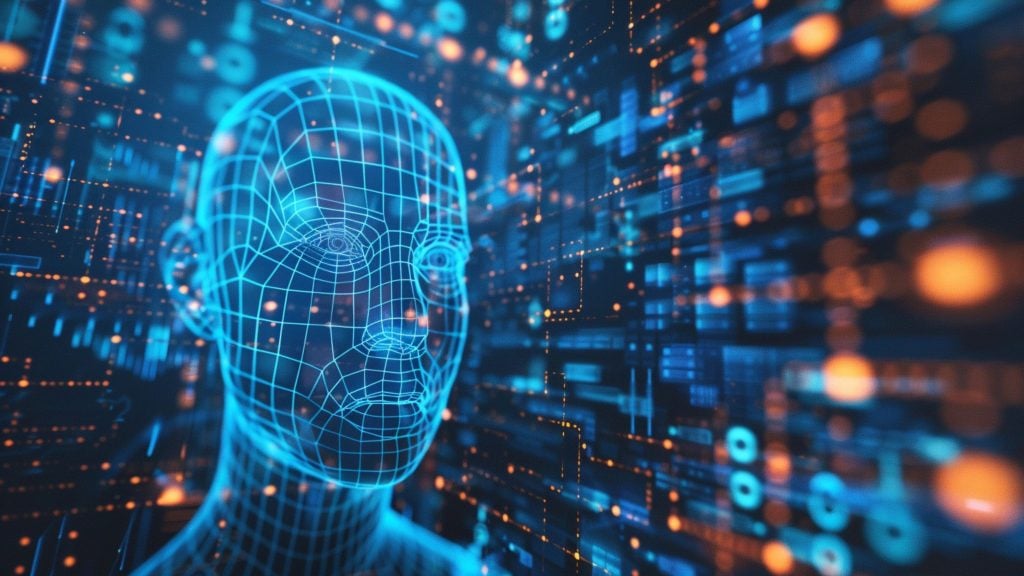 Blue wireframe 3D human head on the left with grid lines across the face, set against a blurred background of glowing blue and orange circuit-like lines and data points suggesting AI and digital networks.