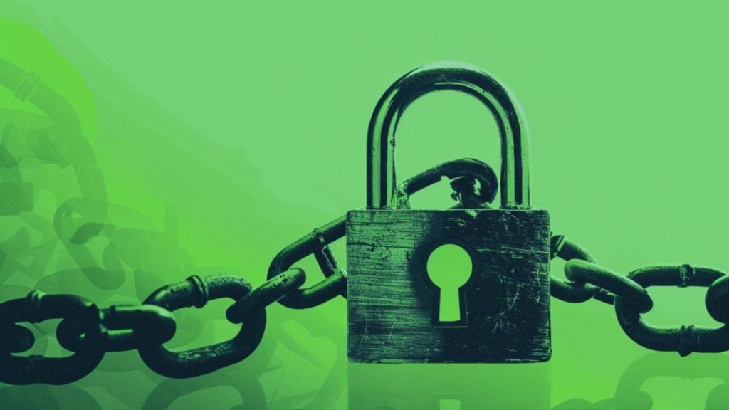 Worn, scratched metal padlock with a prominent keyhole chained to heavy links, centered on a bright green gradient background.