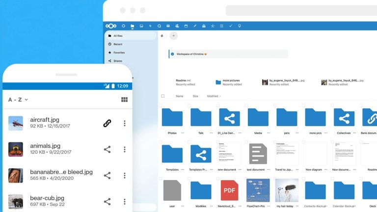 Split-screen view of a cloud file manager on desktop and mobile with a blue top toolbar and left sidebar, a grid of blue folder icons and document thumbnails on the desktop, and a mobile list showing image file entries with thumbnails and details.
