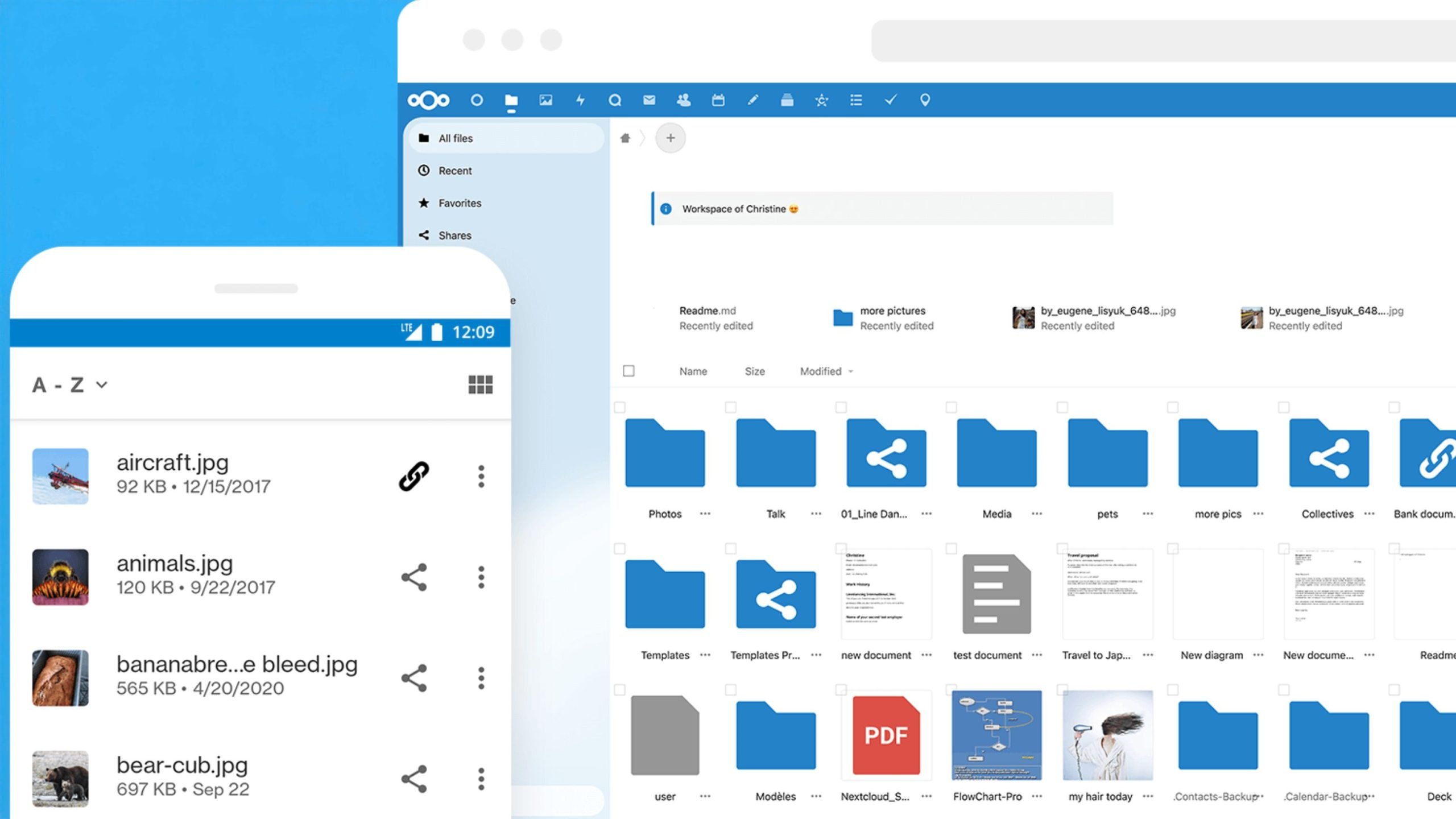 Split-screen view of a cloud file manager on desktop and mobile with a blue top toolbar and left sidebar, a grid of blue folder icons and document thumbnails on the desktop, and a mobile list showing image file entries with thumbnails and details.