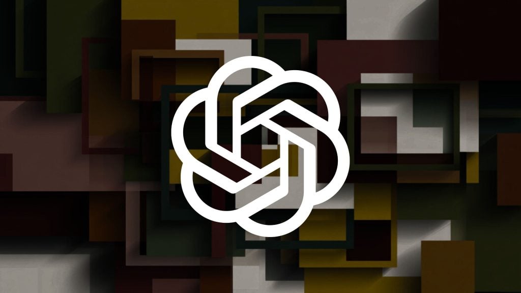 White OpenAI knot logo centered on a layered abstract background of overlapping rectangular shapes in dark green, olive, brown, maroon, mustard yellow, and beige.