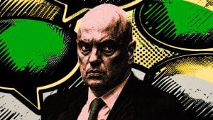 Stylized pop-art portrait of Moraes, stern-looking man in a suit and tie against a bold comic-style background with green speech-bubble shapes and yellow halftone dots.