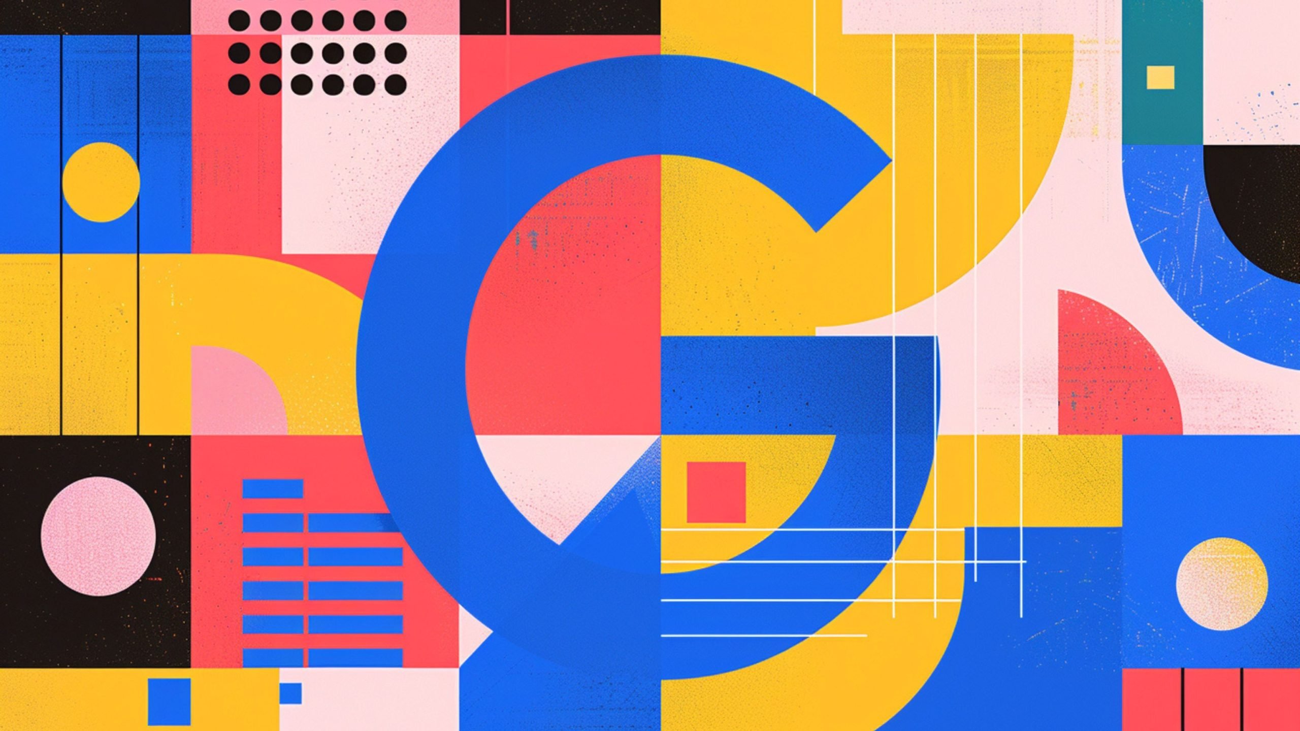 A large stylized blue G dominates the center of a vibrant abstract collage of geometric shapes—yellow, pink, red, black and blue rectangles, semicircles, circles, lines and grid patterns with subtle textured speckles.