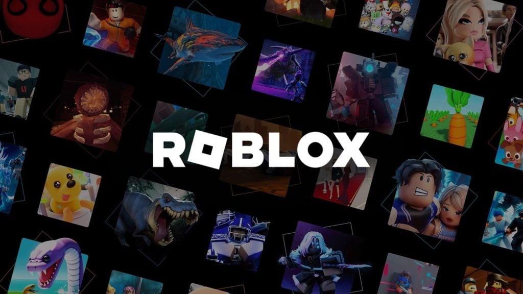 White ROBLOX logo with a tilted square 'O' centered on a black background, surrounded by scattered colorful square game thumbnails showing characters, creatures, and varied game scenes.