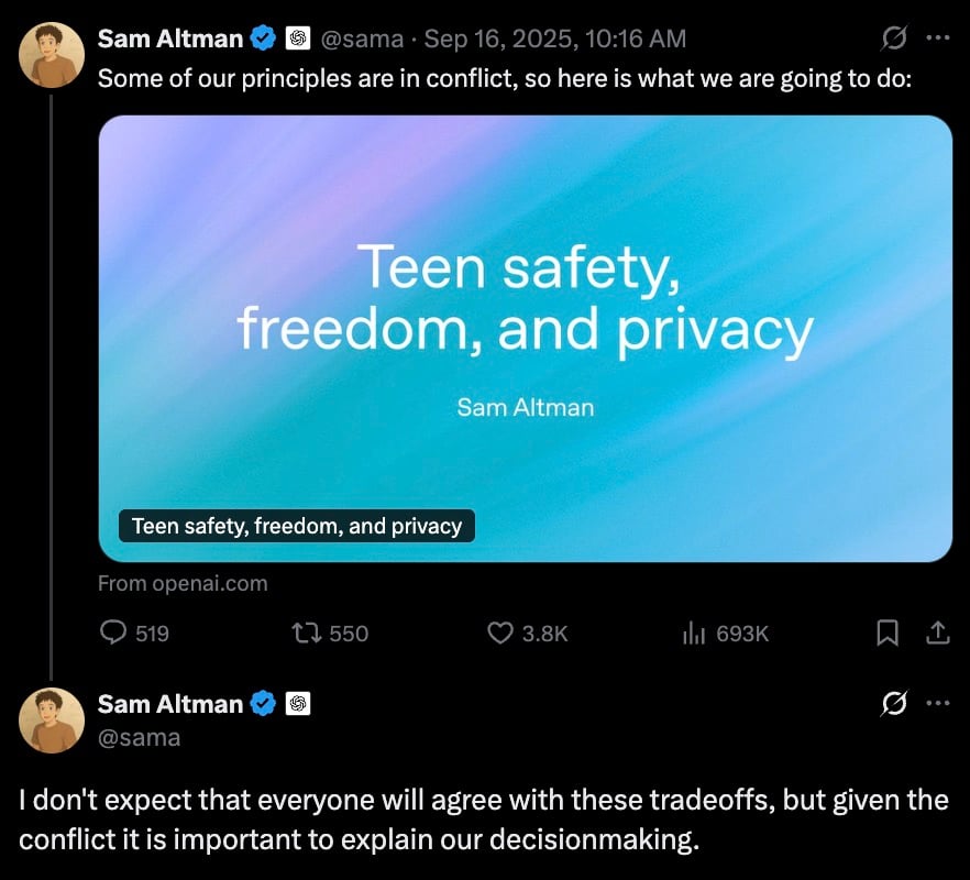 Screenshot of a verified social media post showing a rounded-corner gradient card that reads “Teen safety, freedom, and privacy,” with a short caption below and a reply stating they don’t expect everyone to agree with these tradeoffs and that it’s important to explain the decision‑making.