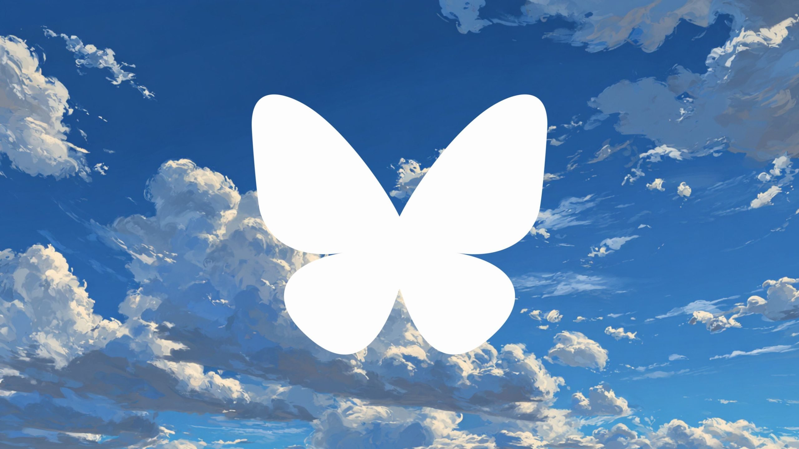 A large white, stylized butterfly silhouette with four rounded lobes centered against a vivid blue, painterly sky filled with layered, sunlit cumulus clouds.