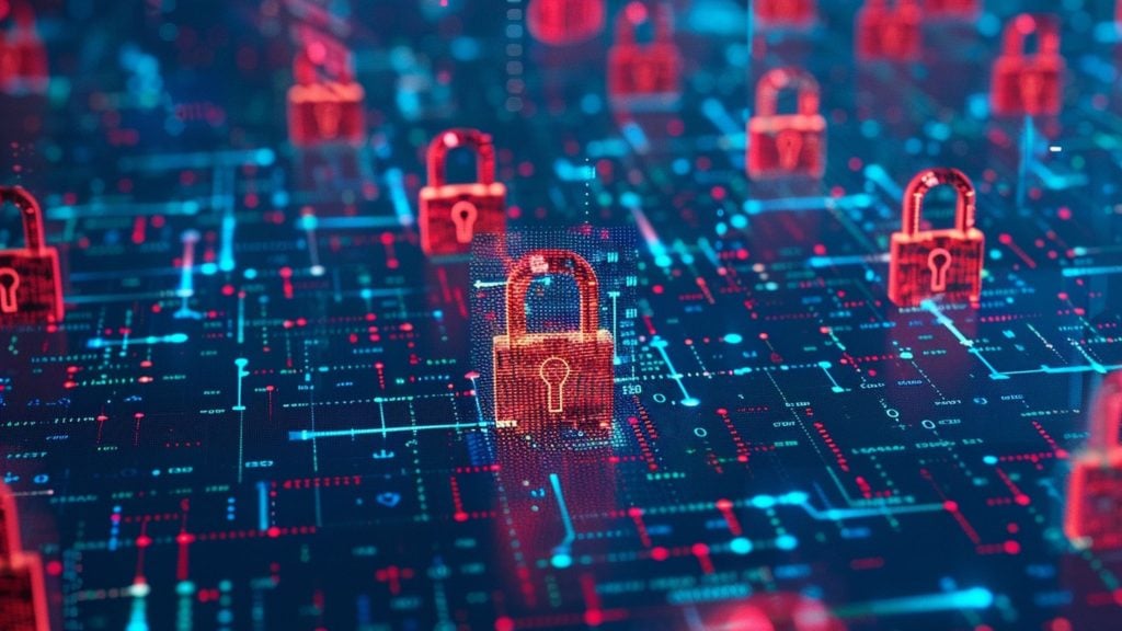 Glowing red padlock icons hovering above a blue-and-red digital circuit-board grid, symbolizing network security and data protection.