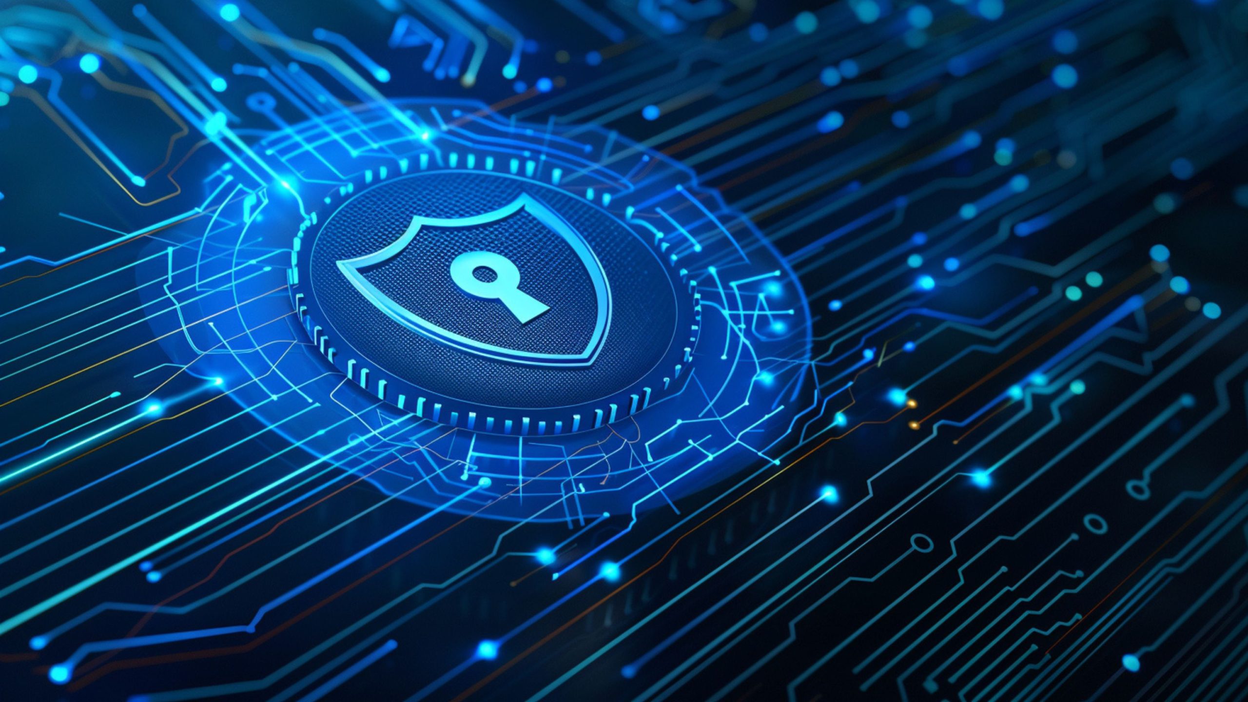 Glowing blue shield with a central keyhole set on a circular chip, surrounded by luminous circuit-board traces and nodes conveying digital security and encryption.