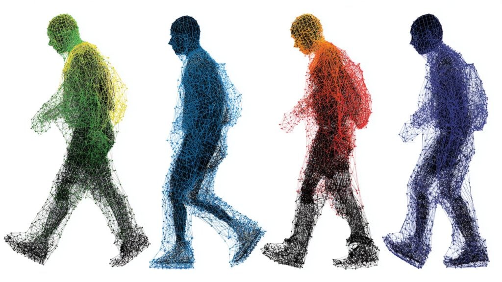 Four walking human silhouettes in profile formed from colored interconnected wireframe lines—green with a yellow backpack, blue, orange-red, and purple—set against a white background.