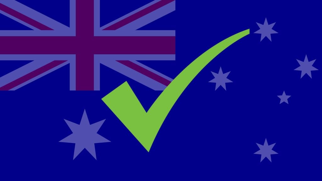Stylized Australian flag with a large bright green check mark across the deep blue field, the Union Jack in the canton and the Southern Cross stars visible