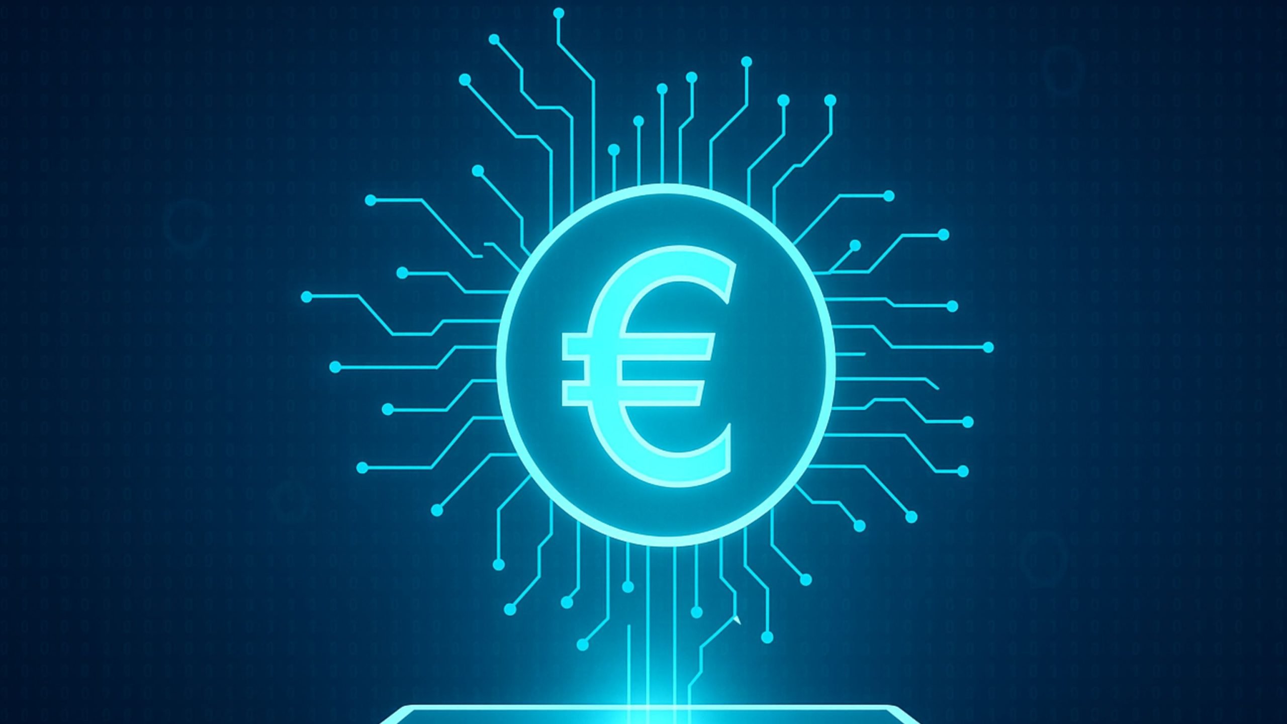 Glowing neon euro symbol inside a circular chip with circuit-like traces radiating outward and down to a device on a dark blue binary-code background, symbolizing a digital euro.