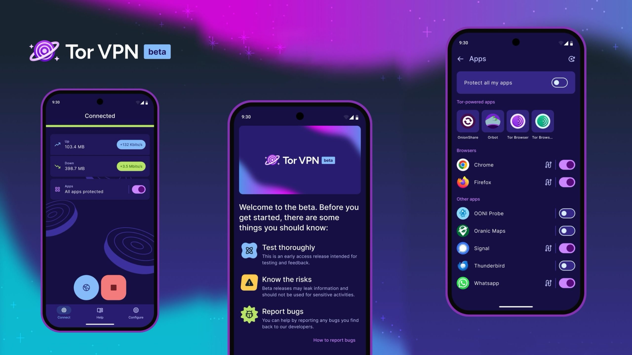 Three purple-outlined smartphone screens against a purple starry gradient background with the Tor VPN beta logo at top left, showing a connected status screen with data stats and connect/stop buttons on the left, a central welcome-to-beta information page, and an apps screen on the right listing browsers and other apps with toggle switches to protect them.