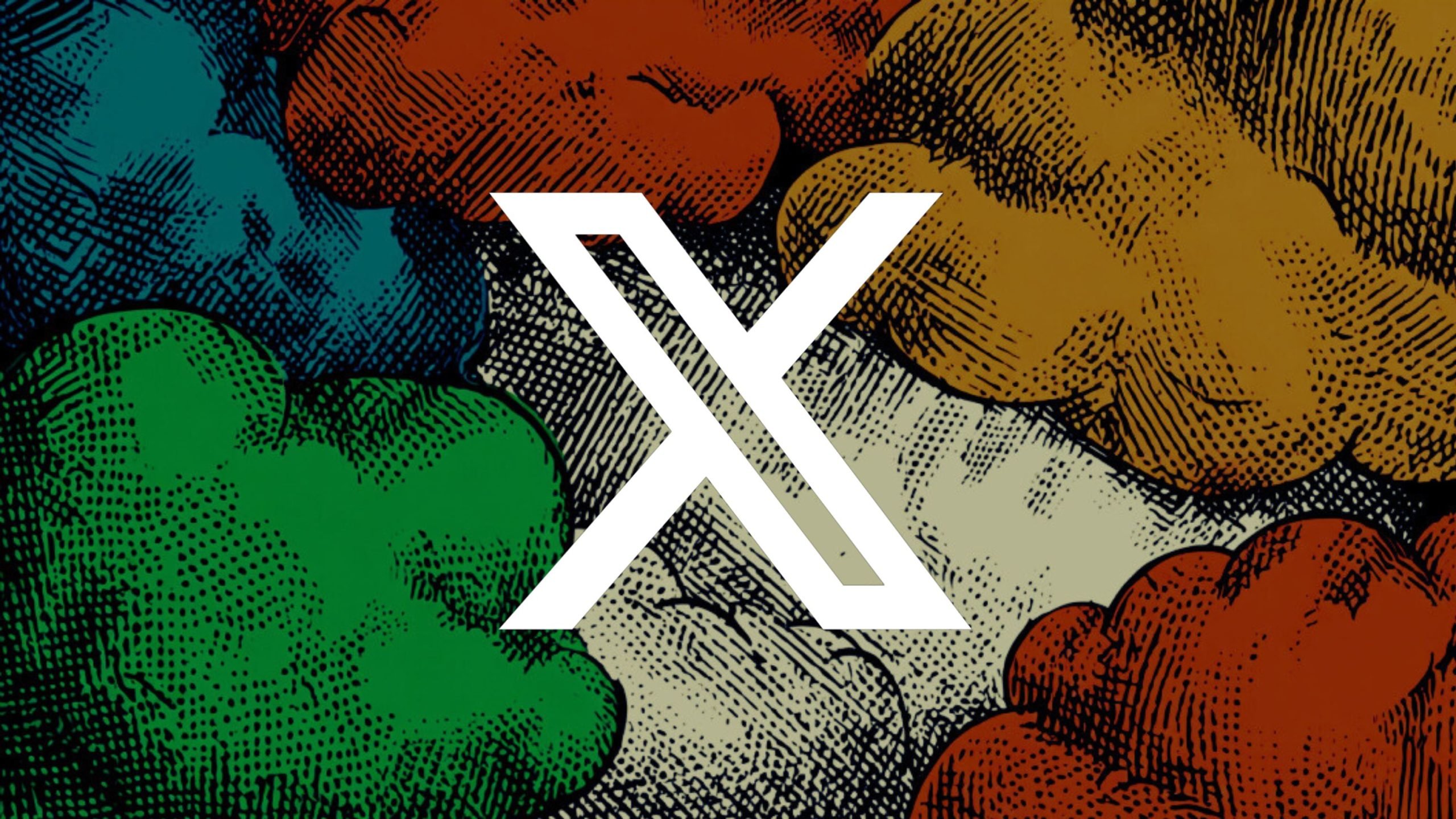 Large white stylized X centered on a background of textured, halftone comic-style clouds in green, blue, red, orange and beige.