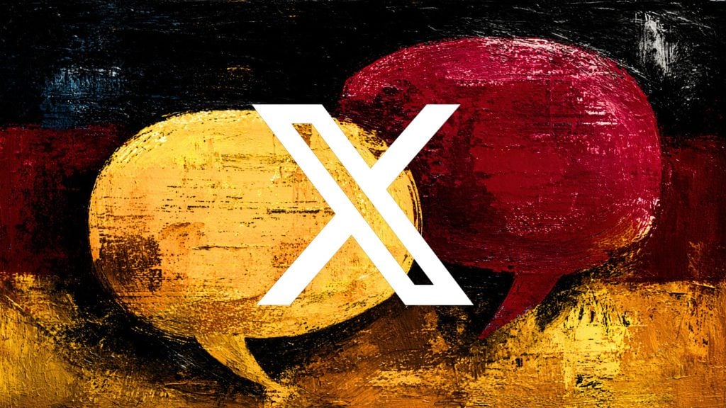 White stylized X logo centered over two overlapping textured speech bubbles — a yellow bubble on the left and a red bubble on the right — on a dark, grungy red and gold painted background with visible brushstrokes.