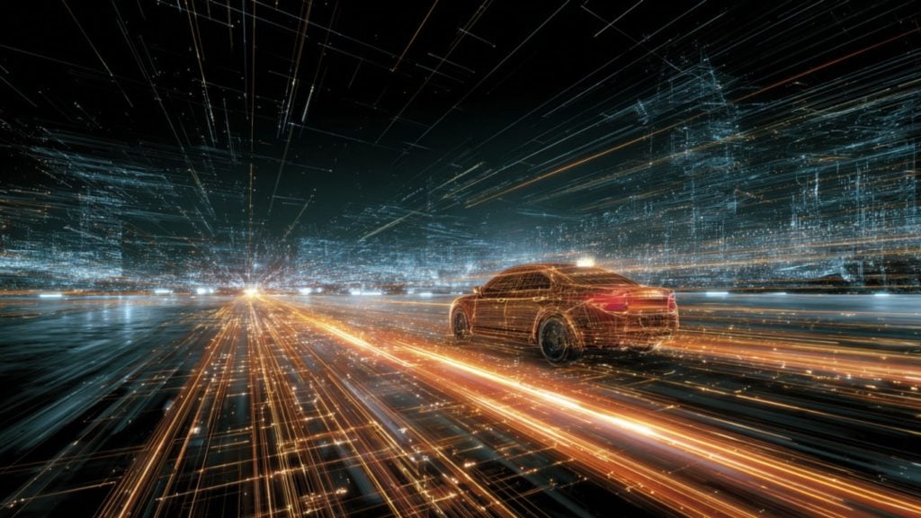 Sleek wireframe car racing across a glowing grid of orange and blue light trails toward a bright vanishing point in a futuristic digital cityscape.