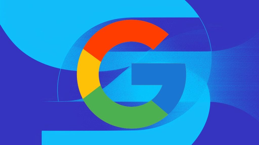 Multicolored Google "G" logo (red, yellow, green, blue) centered against an abstract background of overlapping light and dark blue circular shapes and textured gradients.