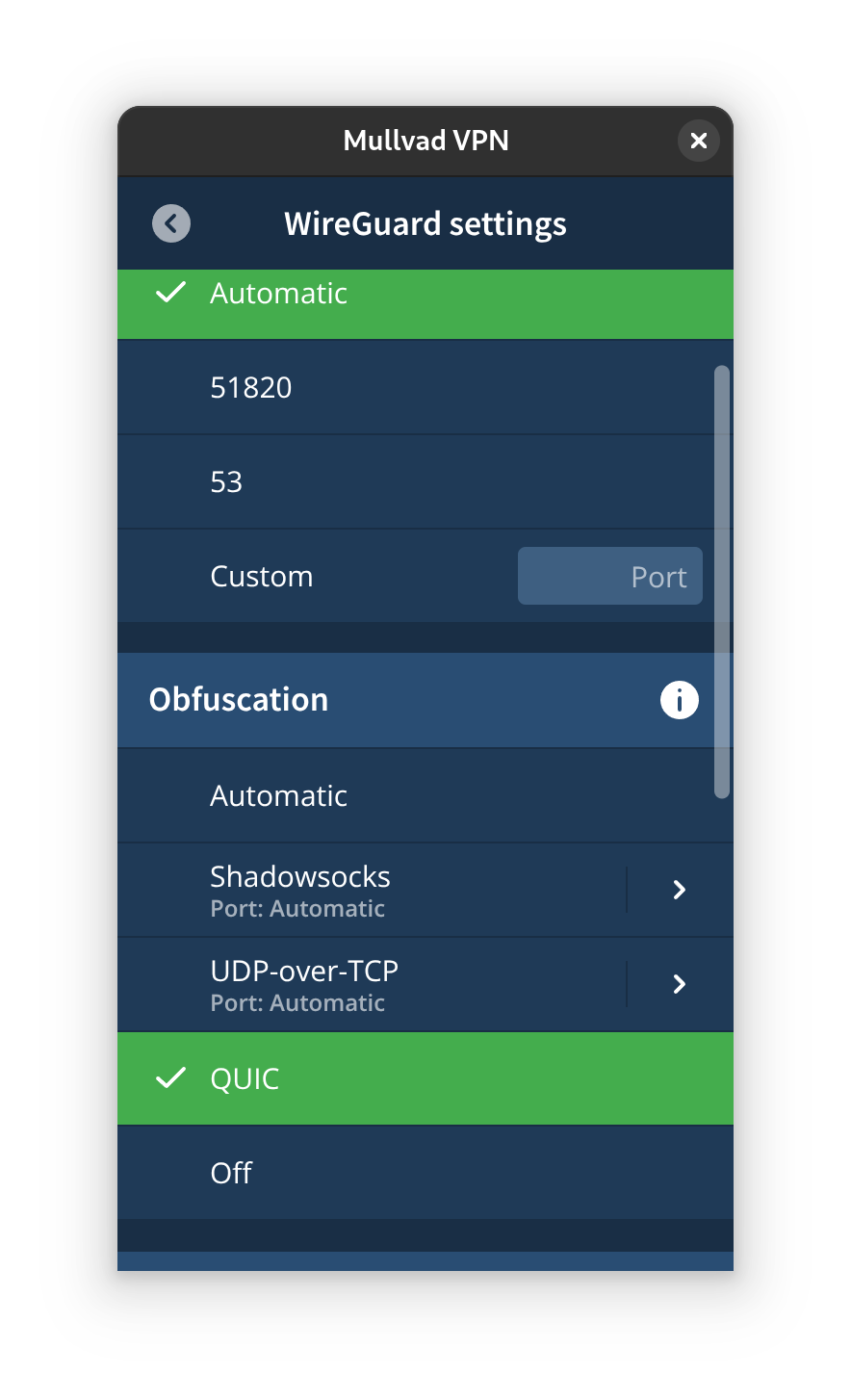 Mullvad VPN mobile app WireGuard settings panel showing 'Automatic' selected with a green check at the top, port options (51820, 53, Custom), an Obfuscation section listing Automatic, Shadowsocks and UDP-over-TCP (ports automatic), and 'QUIC' selected in green, with back and close controls and a scrollbar on the right.