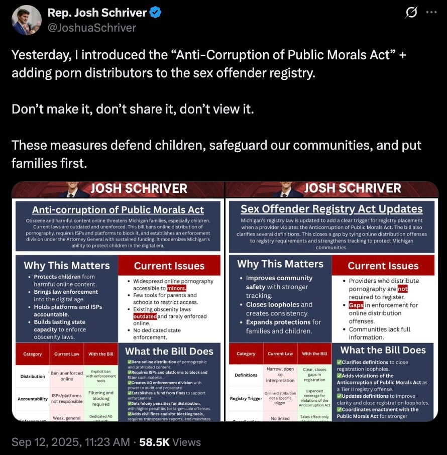Screenshot of a verified Twitter post by a public official announcing introduction of the “Anti‑Corruption of Public Morals Act” to add porn distributors to the sex‑offender registry, with the tweet saying “Don’t make it, don’t share it, don’t view it,” and an attached two‑panel infographic summarizing why the bill matters, current issues, and what the bill does.