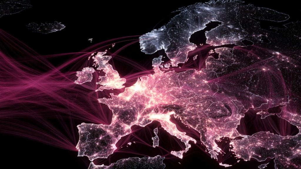 Stylized nighttime map of Europe with bright pink and white city lights clustered across Western and Central Europe and luminous pink arcs tracing travel or data connections between major cities over a black background.