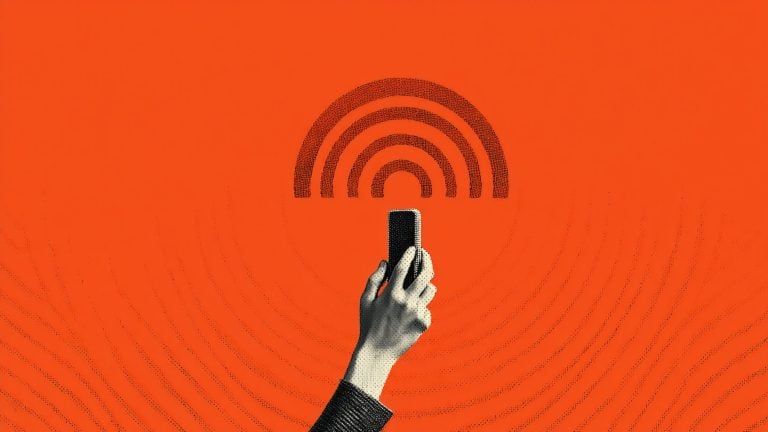 A halftone black-and-white hand holds a smartphone aloft beneath stylized concentric wireless-signal arcs on a bright orange background.