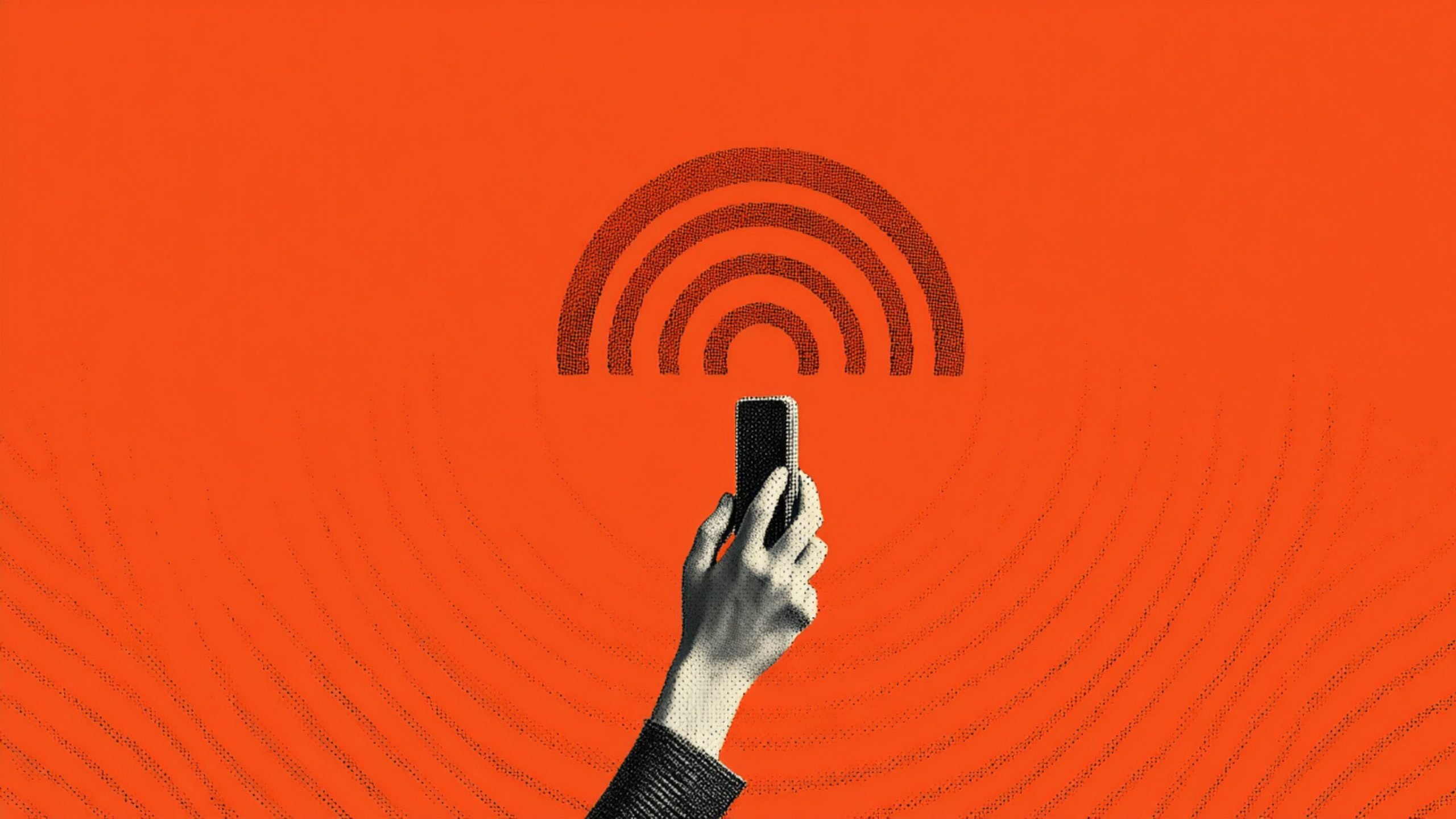 A halftone black-and-white hand holds a smartphone aloft beneath stylized concentric wireless-signal arcs on a bright orange background.