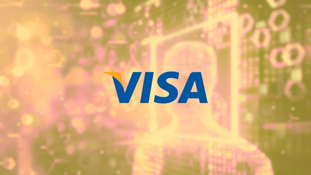Blue VISA logo with a yellow accent on the 'V' centered on a blurred pink-and-gold digital background showing a wireframe human silhouette and hexagonal circuitry shapes.