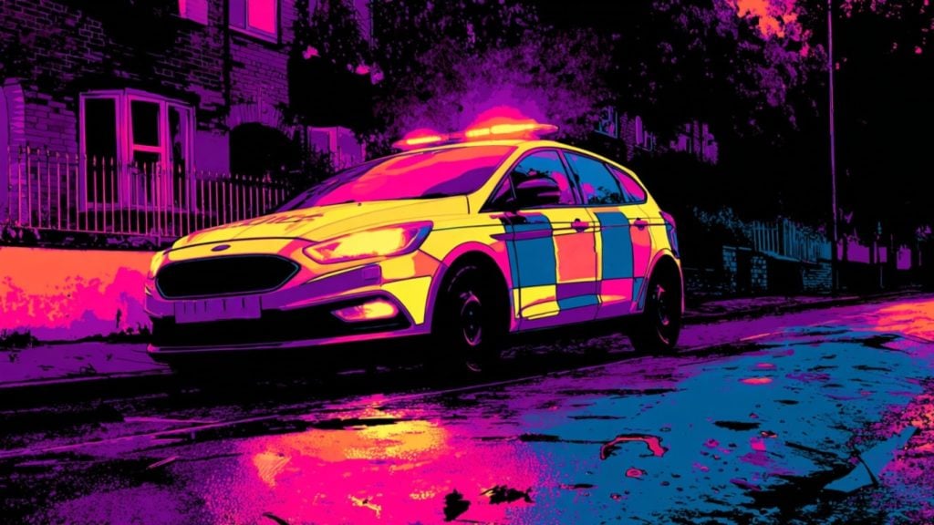 Neon pop-art–styled police hatchback with flashing roof lights and blue-and-yellow checker markings parked on a wet city street reflecting vivid pink, purple and cyan colors, with brick houses and a wrought-iron fence in the background.