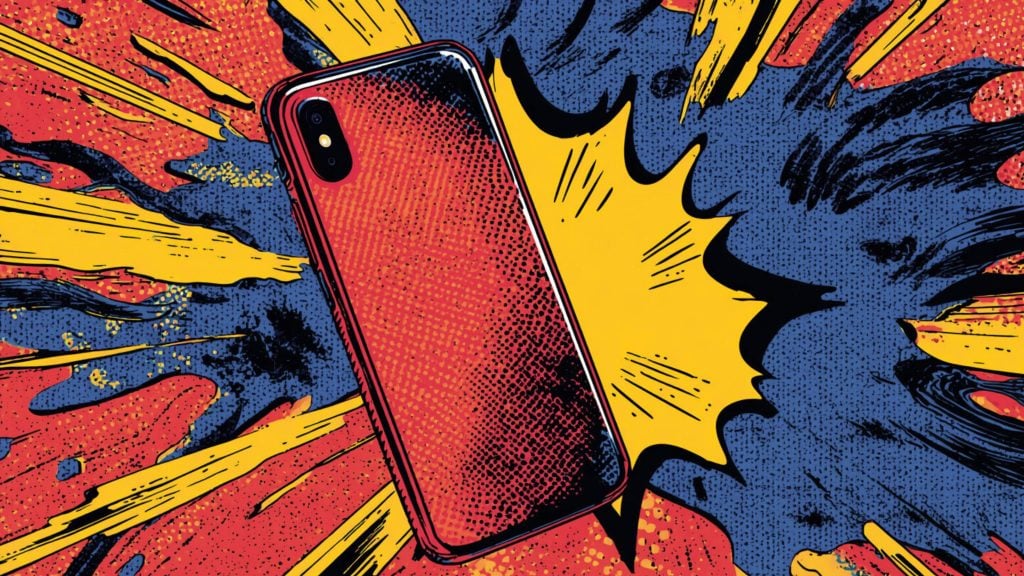 Red smartphone with a dual rear camera tilted across the center, set against a vibrant comic-book–style explosion of yellow, blue, and red halftone bursts