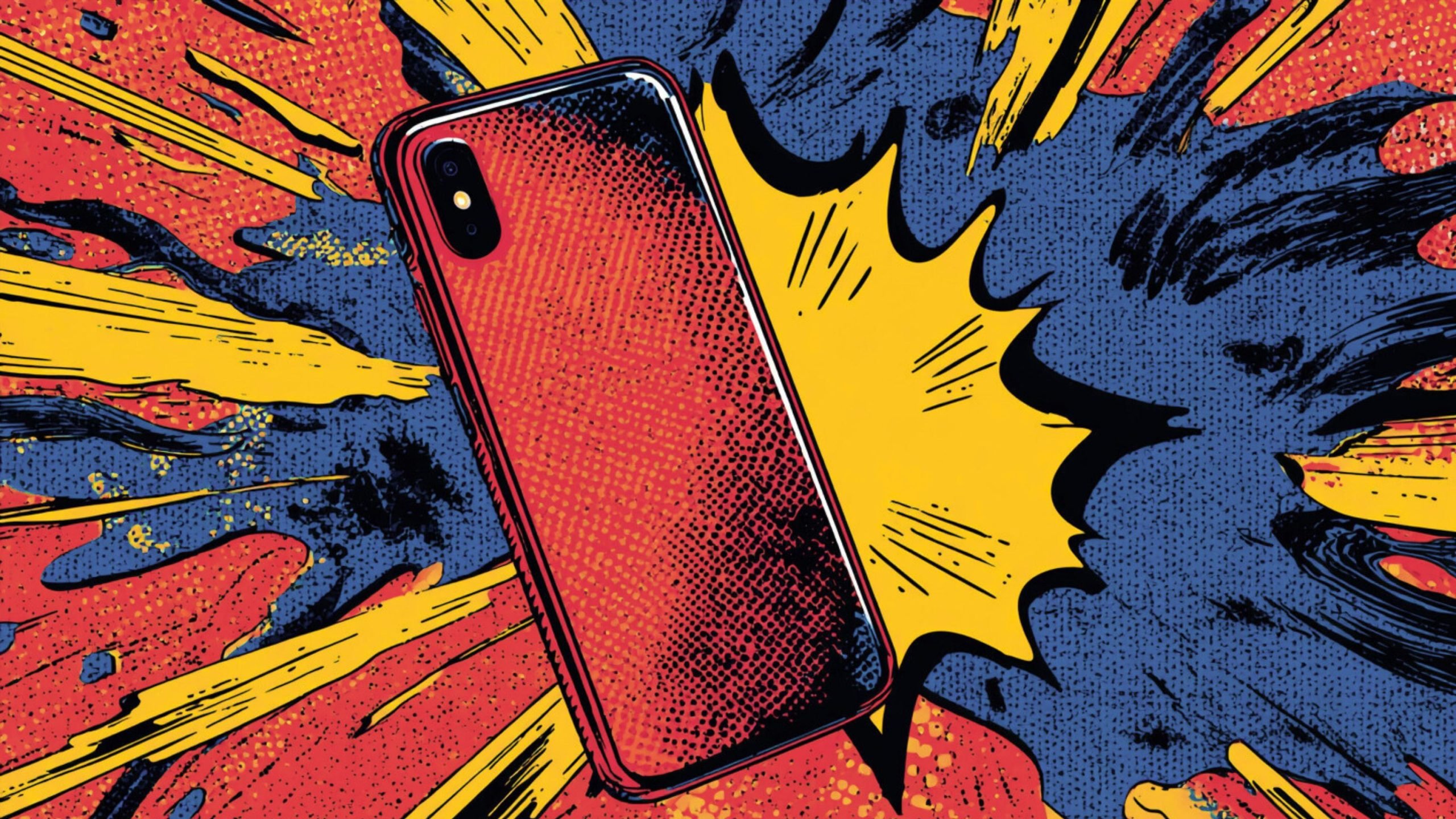Red smartphone with a dual rear camera tilted across the center, set against a vibrant comic-book–style explosion of yellow, blue, and red halftone bursts