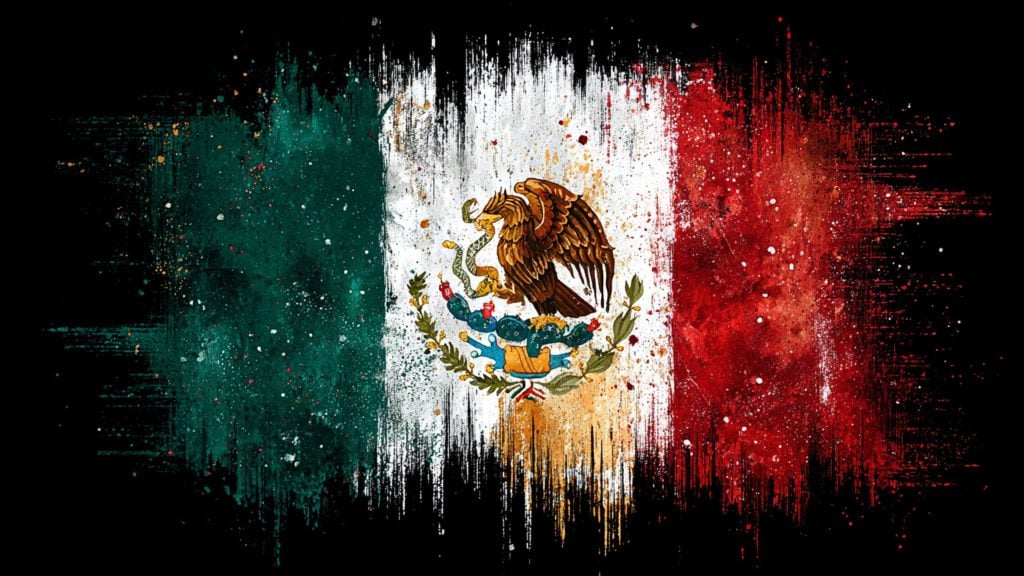 Stylized Mexican flag with green, white, and red vertical paint-splattered stripes on a black background and the central coat of arms showing an eagle holding a snake atop a cactus.