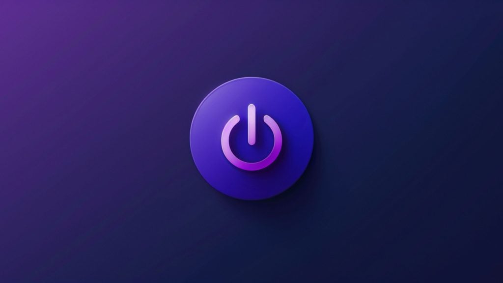 Glossy purple circular power icon with a pink-violet power symbol centered on a dark purple gradient background.